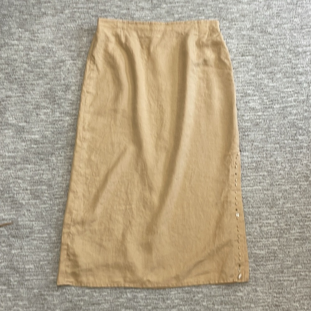 Cavita 100% Linen Beaded Seashell Maxi Skirt Size 18 Khaki Tan A-Line Side Slit - Picture 13 of 14